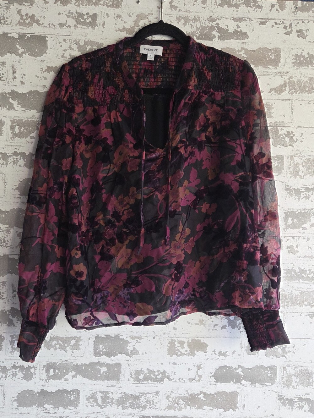 EVEREVE Floral Burnout Velvet Sheer Blouse Smocked Yoke Purple Pink Medium